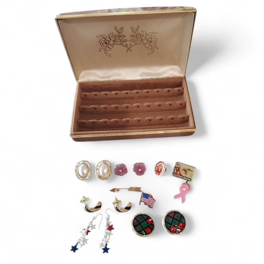 Vintage 60's 70's Hard Case Travel Jewelry Box w/ Vintage Earrings and Brooches
